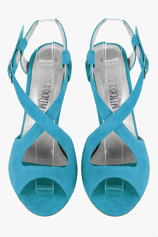 Turquoise blue women's open back sandals, with crossed straps. Round toe. High kitten heels. Top view - Florence KOOIJMAN